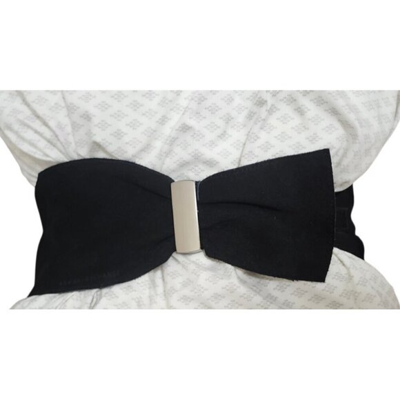 Armani Exchange XS/S Black Suede Leather Elastic Waist Belt Silver Hardware